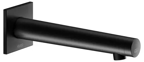 Schwarzer Wandmischer von Keuco mit einem geraden Auslauf und seitlichem Hebel zur Temperatur- und Mengeneinstellung. Minimalistisches Design mit quadratischer Wandplatte.